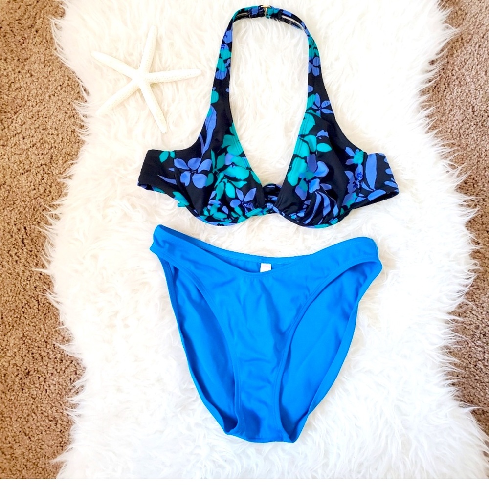 Victoria Secret Vintage halter black teal blue floral Bikini Swimsuit Size 36C M